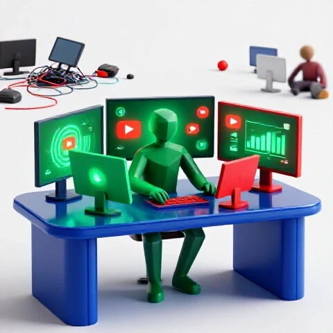 Central geometric figure at vibrant, multi-screen desk calmly managing YouTube analytics amid distant chaos.