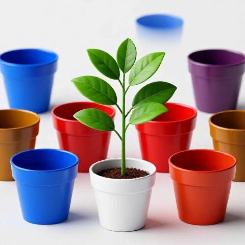 A vibrant green sapling thrives in a small white pot, surrounded by larger empty colorful pots on a bright background.