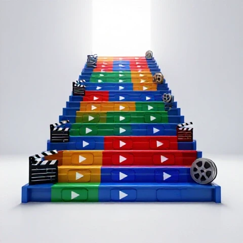 Vivid staircase made of video icons and creative tools ascending into a bright, well-lit horizon, suggesting growth.