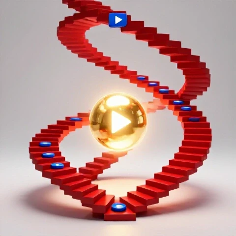 Upward staircase of vivid video play buttons leading to a glowing goal, with bold shadows and bright background.