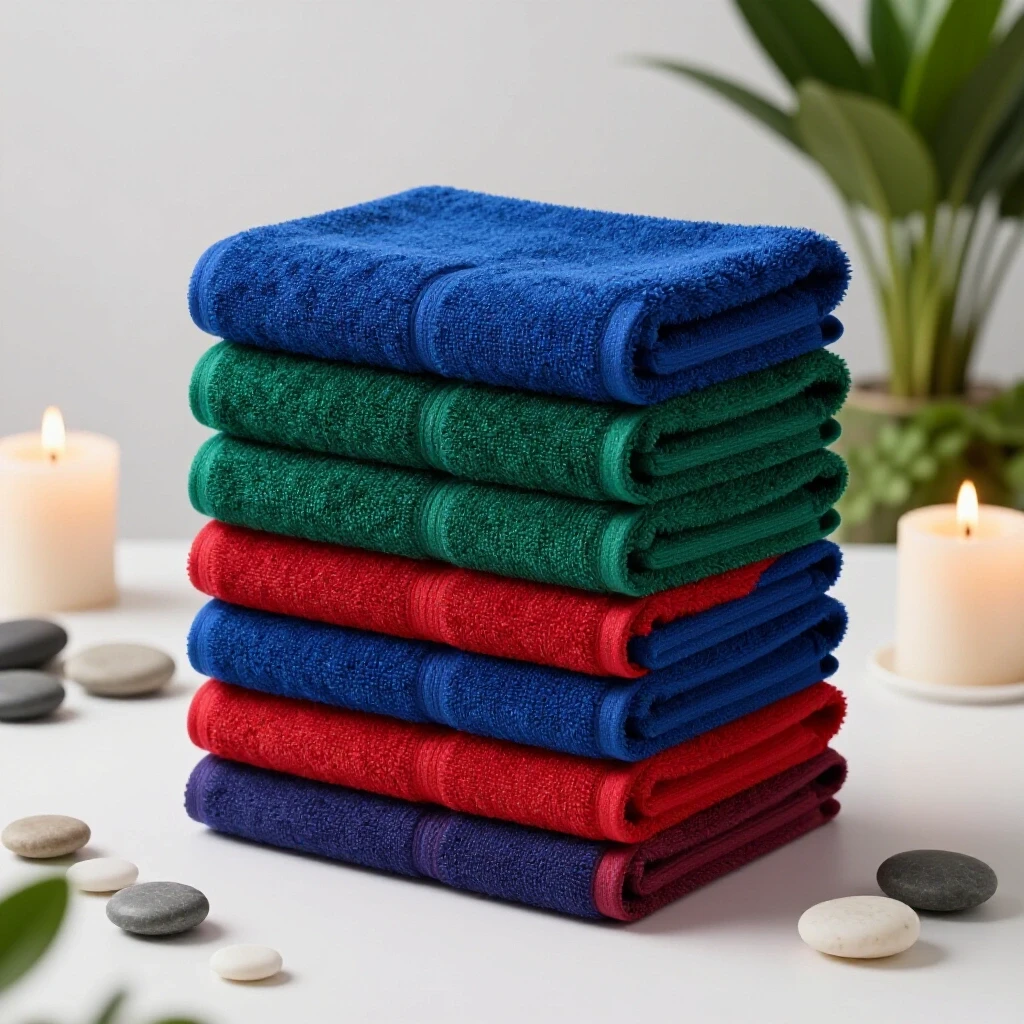 Luxurious spa setting with a stack of scalloped-edge bath towels in rich colors, pebbles, and candles.