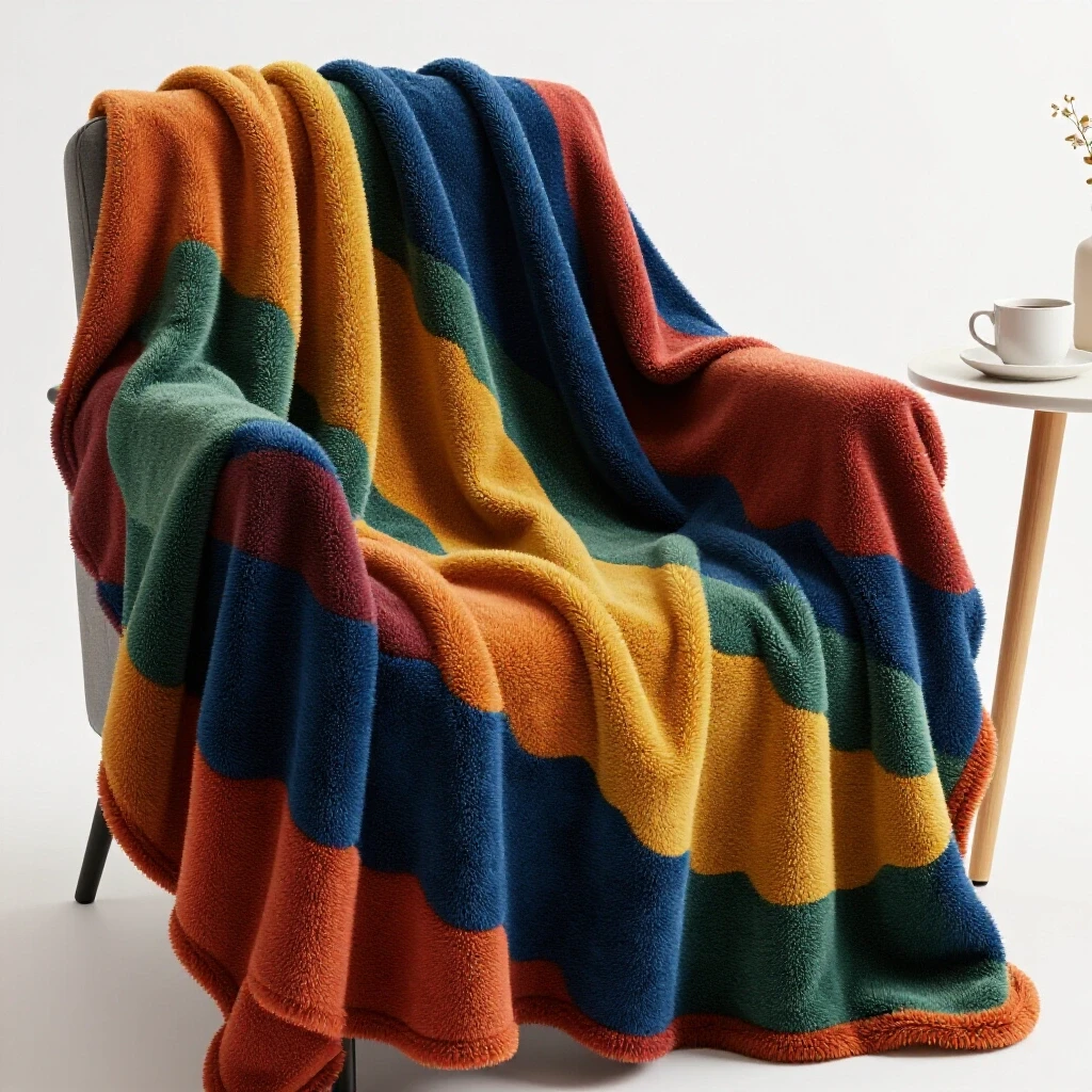 A cozy scalloped throw blanket draped over a stylish chair, paired with a modern coffee cup in a bright setting.