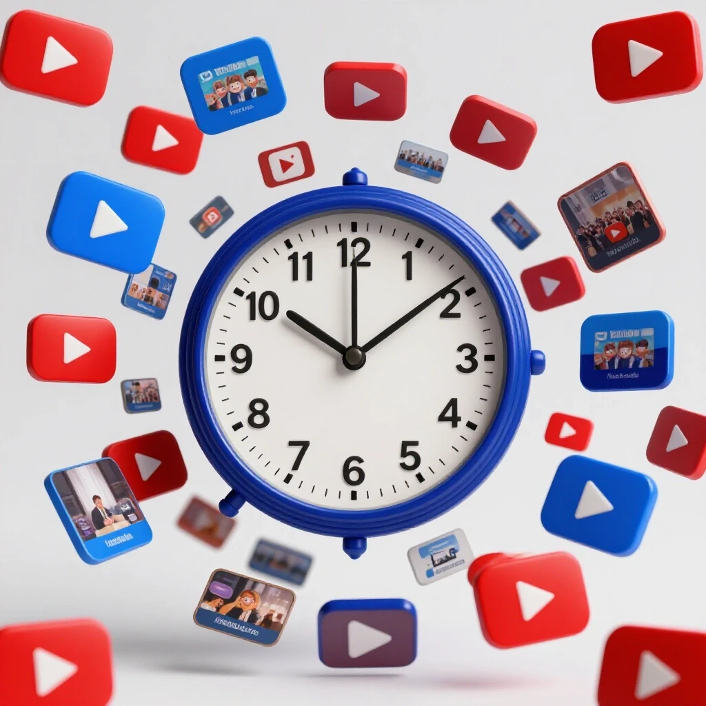 A large vintage clock at the center, surrounded by swirling YouTube icons, symbolizing the impact of scheduling on video performance.