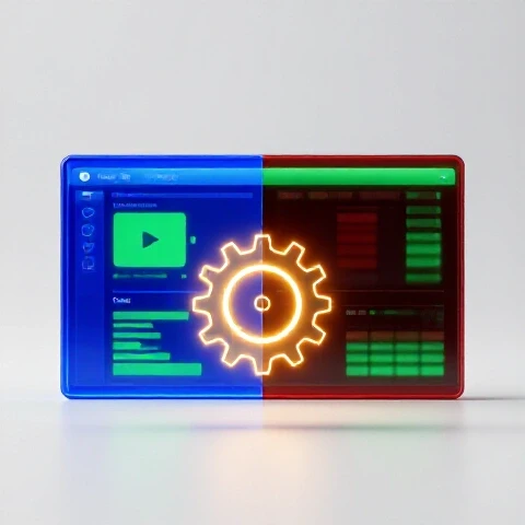 Split-screen of crisp YouTube recording interface and blurry low-quality version with glowing gear icon in center, set in bright studio lighting.