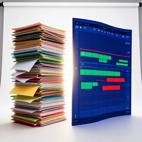 Split scene showing a messy stack of scripts transforming into vibrant video timelines with a bright transition.