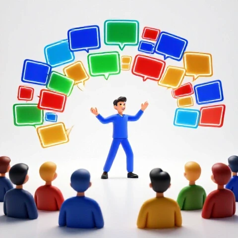 Dynamic scene of a video creator icon directing glowing storyboard frames flowing to an audience, with rich colors on a bright studio background.