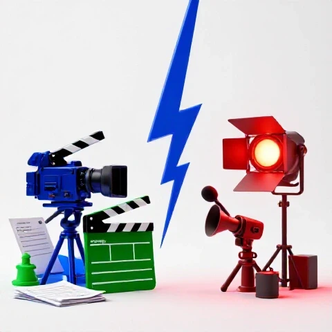 Split image of scripted film set and spontaneous video scene separated by a lightning bolt on bright background.