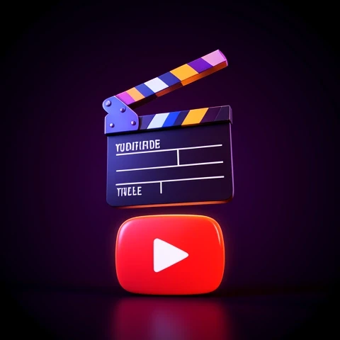 3D render of a film clapperboard merging into a script page over a glowing YouTube play button.