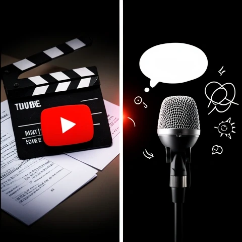 Split-screen image contrasting scripted YouTube video elements like a clapperboard and script with unscripted symbols such as microphone and speech bubble, centered and dramatic with bold color contrast.