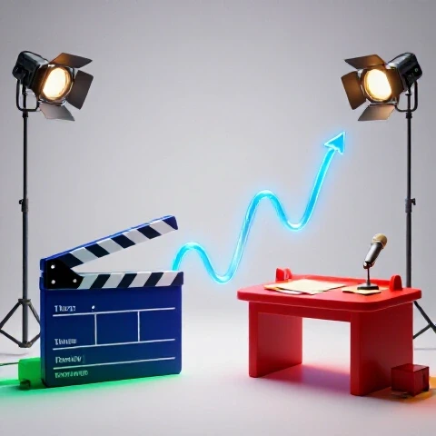 Two vivid contrasting scenes—a precise film set with script and lighting, and a casual creator’s workspace—merge into a glowing retention curve at center.