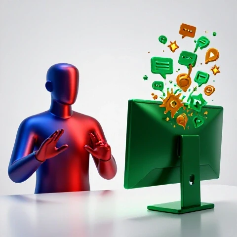 Split scene: abstract creator gesturing to camera on one side, icons and visuals flowing from screen on other