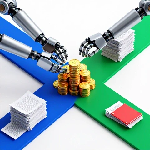 A crossroads with gold coins delivered by robotic hands on one path, and scattered scripts on the other, symbolizing outsourcing versus solo effort.