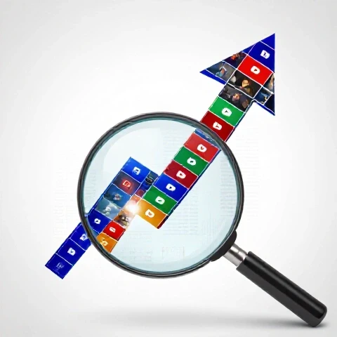 Vibrant video thumbnails form an upward arrow under a magnifying glass, highlighting YouTube growth.