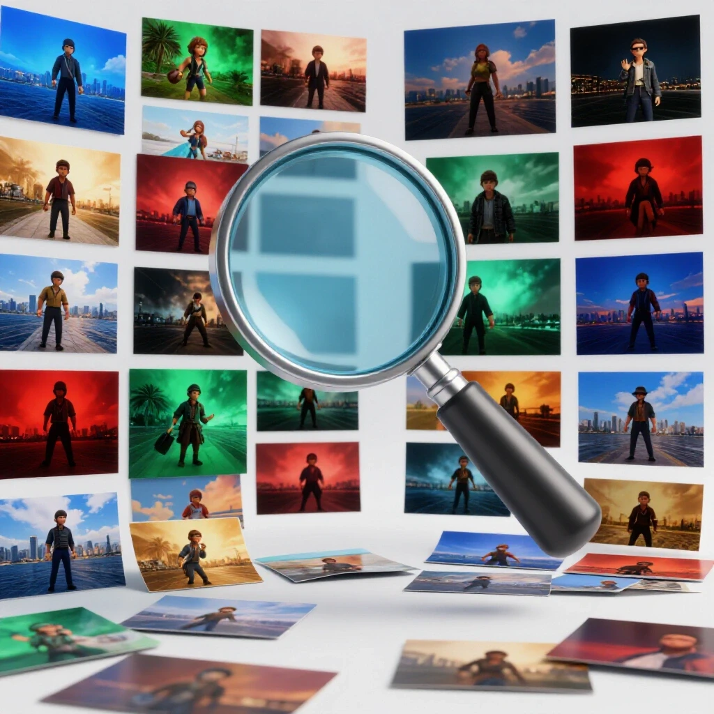A magnifying glass over a colorful collage of video thumbnails with a blurred YouTube interface background.