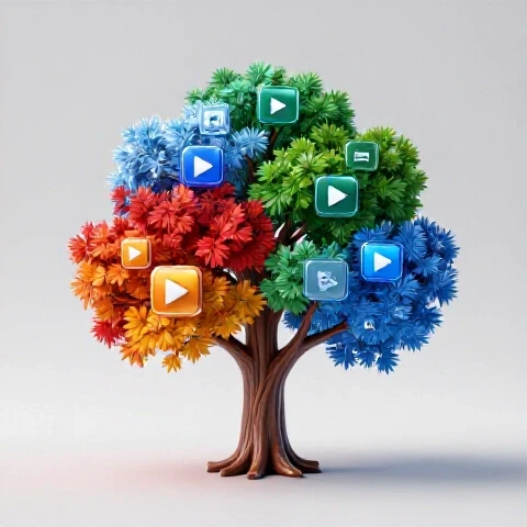 A vibrant tree with four seasons blending into colorful video play icons, symbolizing evolving channel growth.