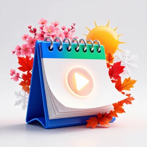 A vivid seasonal calendar with swirling spring flowers, summer sun, autumn leaves, and winter snow around a glowing play button.