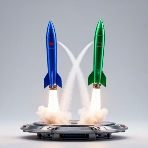 Two vividly colored rocket ships launch upward from the same platform with crossing trails, symbolizing multifaceted YouTube channel growth, set against a luminous white background.