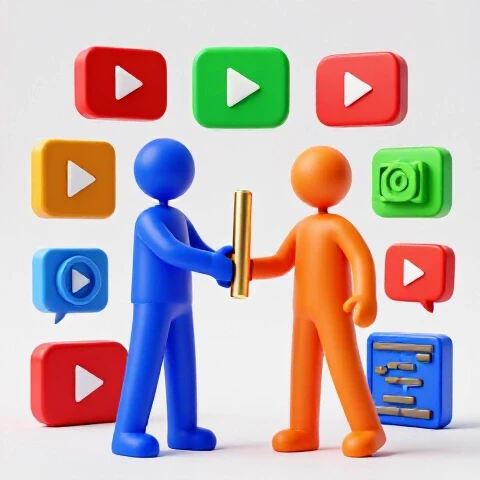 3D-rendered scene of a golden baton pass between two abstract figures, surrounded by vibrant YouTube icons and video tools on a bright white background.