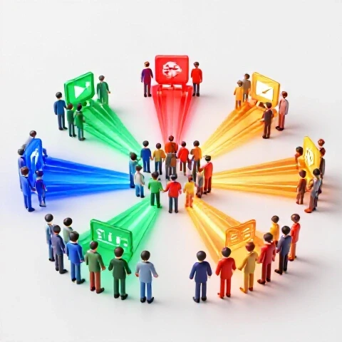 Groups of colorful abstract characters divided by bright beams, each engaging with different iconic video elements