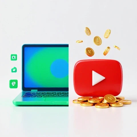 Split scene of a vivid laptop with creative icons and a YouTube play button streaming golden coins on bright background.