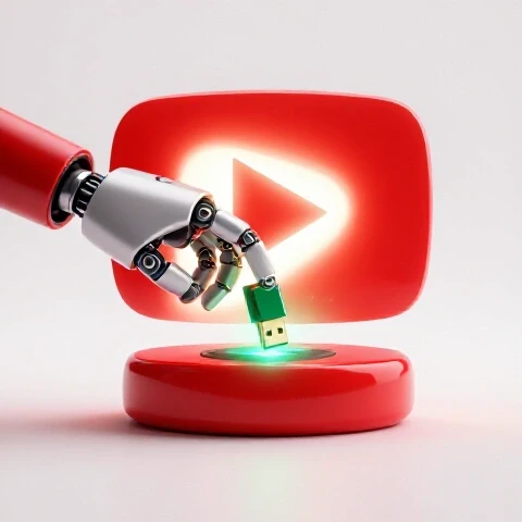 A hand reaches through a glowing red YouTube play button offering a shining digital product on a bright white background.