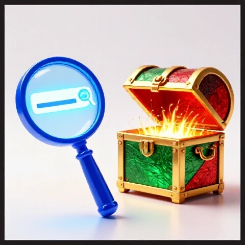 Split scene with a blue magnifying glass highlighting a search result facing a glowing treasure chest on white background.