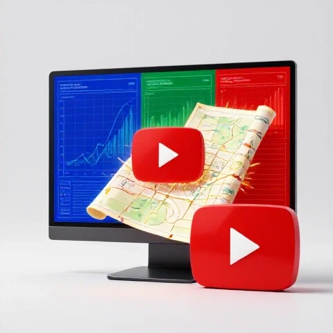 Glowing computer monitor with analytic graphs, overlaid treasure map, and bold YouTube play button