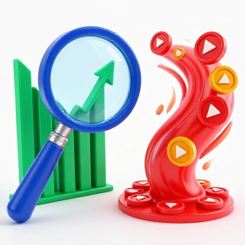 Vivid 3D magnifying glass inspecting a rising graph faces off against swirling play buttons in dynamic studio lighting.