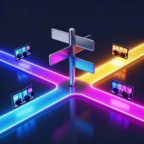 3D-rendered crossroads with glowing neon paths leading to video thumbnails, central metallic signpost symbolizing YouTube content decisions.