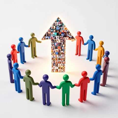 Diverse creator symbols collaborate around a glowing arrow made of video thumbnails on white background.