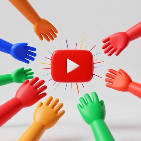 Vibrant 3D scene of a stylized video thumbnail being eagerly passed between colorful abstract hands on a bright background.