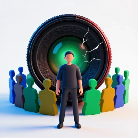 Confident creator stands before a cracked camera lens with vibrant audience silhouettes showing support on a bright studio background.
