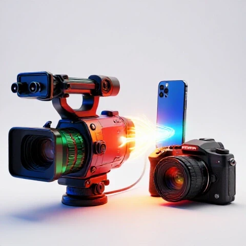 Dramatic split-screen with a premium video camera and budget gear linked by a glowing workflow path on a bright background.