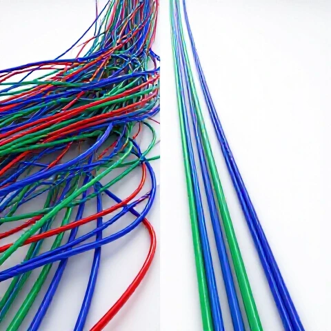 Split-screen image showing chaotic tangled colored lines transforming into clear straight glossy paths
