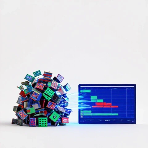 Dynamic split-screen of video timeline transforming from scattered clips to organized sequence, accented by vibrant energy lines on a bright white background.