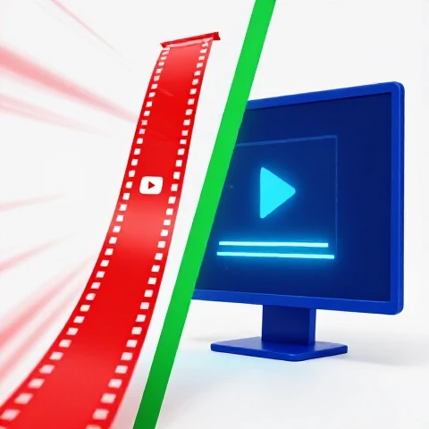 Split-screen of vibrant red YouTube shorts film strip in motion beside blue widescreen monitor on clean white background