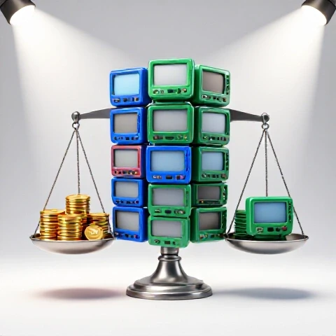 Balance scale with golden coins on one side and glossy video thumbnails on the other, on a bright white background