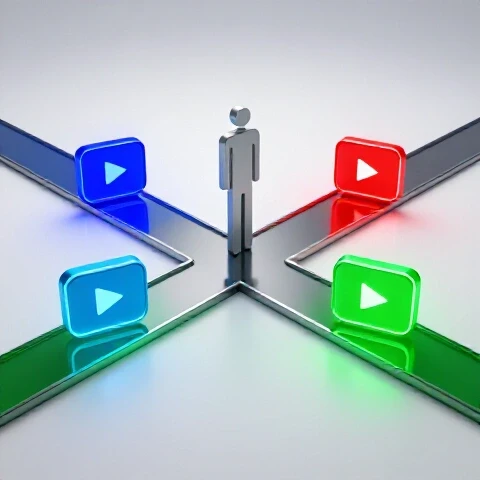 Abstract figure at a forked path choosing between one glowing and two branching channel icons on a bright background.
