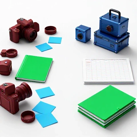 Split scene of chaotic video gear and organized workspace with rich colors on a bright white background.