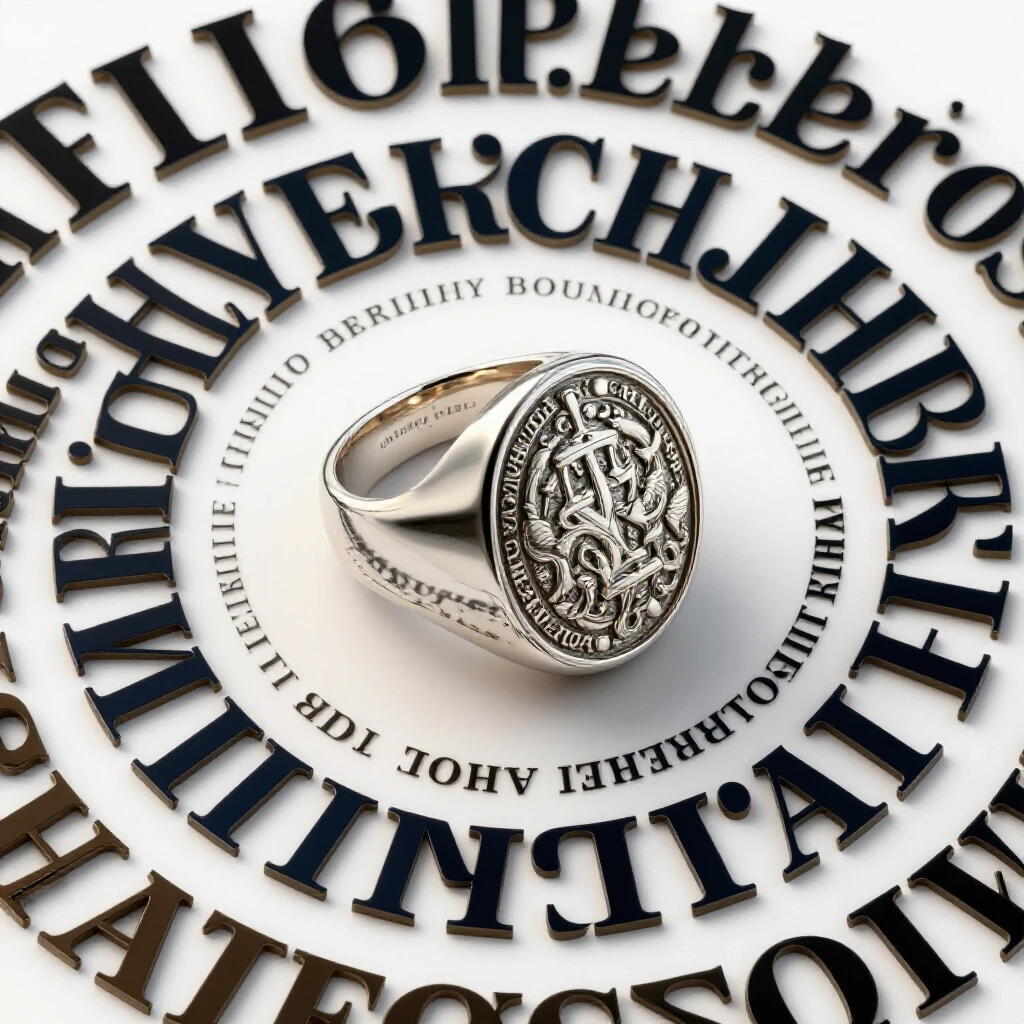 A luxurious signet ring with intricate engravings surrounded by artistic font samples showcasing personalization options.