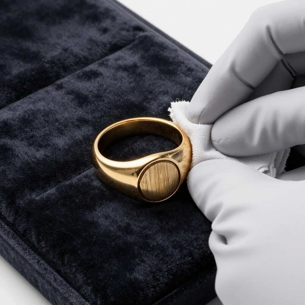A vintage signet ring on dark velvet, with gloved hands holding a polishing cloth, illustrating restoration.