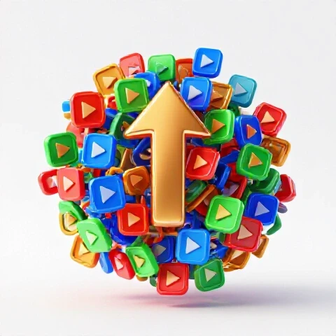 Maze of vivid video icons transforming into a clear upward arrow on a bright illuminated background