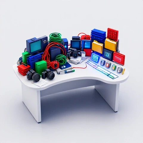 A cluttered, chaotic workspace transforms stylishly into an organized, streamlined video editing setup.