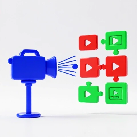 Dramatic split scene compares one seamless video camera with assembled editing icons, vibrant colors on white.