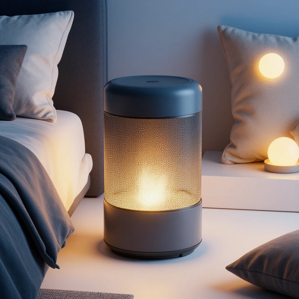 Sleek modern bedside tower with glowing accents, surrounded by cozy pillows and soft lighting in a bright room.