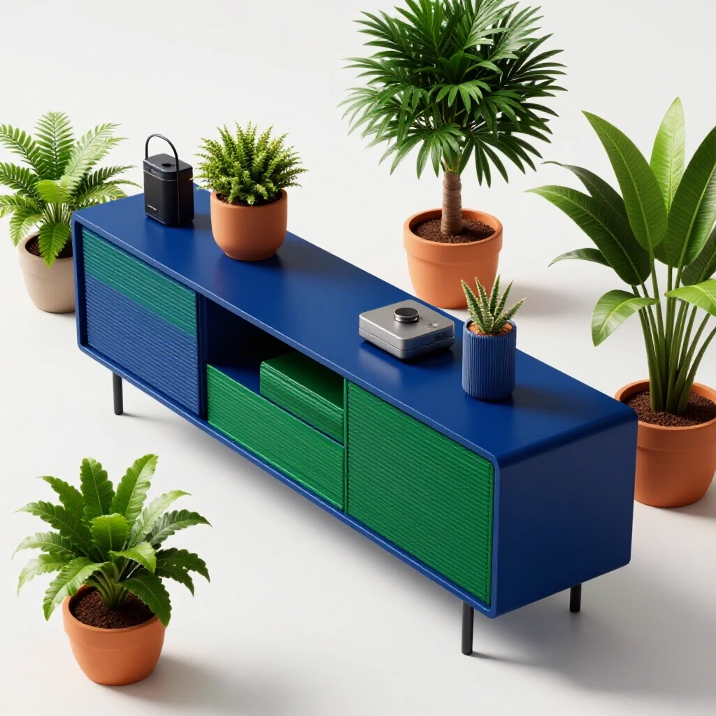 A featured image of a sleek slim media cabinet with colorful decor, positioned stylishly in a bright studio.