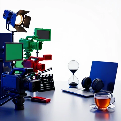 A vibrant video workspace blending chaotic equipment into a calm, serene scene with studio lighting contrast.