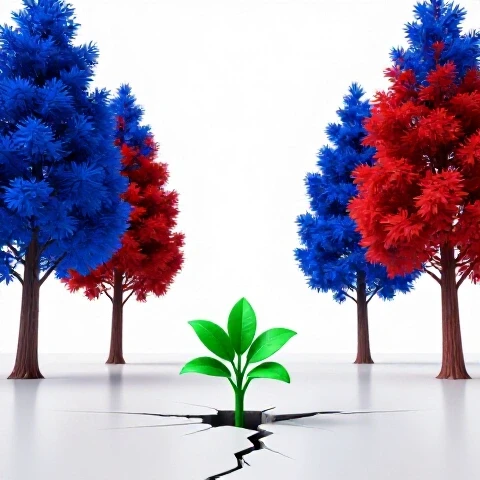 A vivid green plant breaks through cracked pavement, surrounded by tall, colorful trees against a bright background.