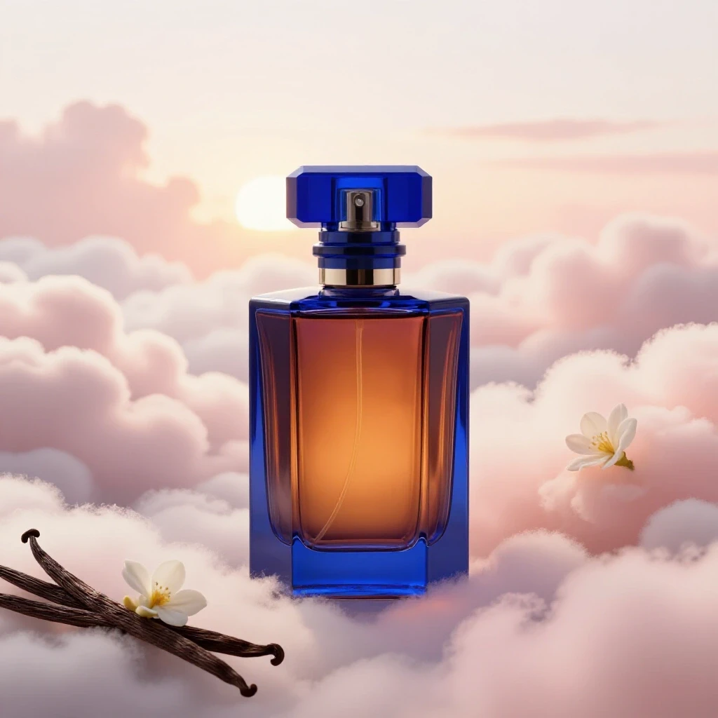 Luxurious perfume bottle amidst soft clouds and warm sunset hues, evoking musk and vanilla aromas.