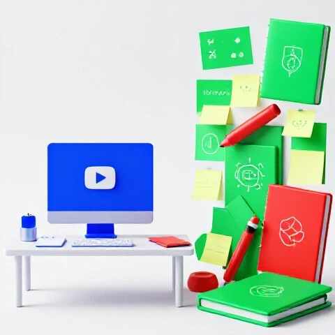 Split scene showing a focused minimalist creator workspace beside a dynamic, colorful group brainstorming area.